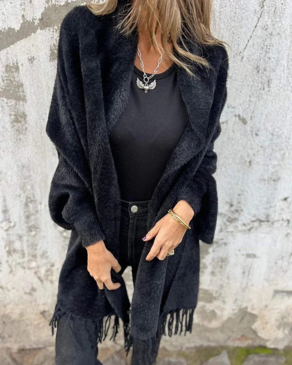 Black brushed fringe-hem cardigan coat