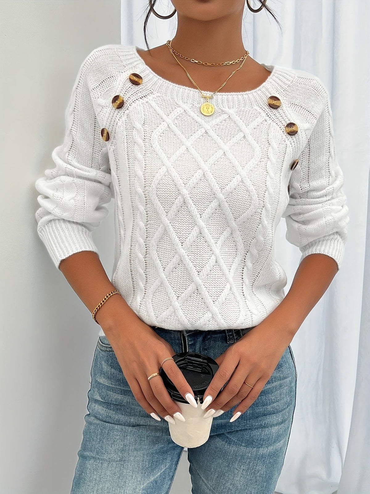 White button shoulder cable knit wool jumper