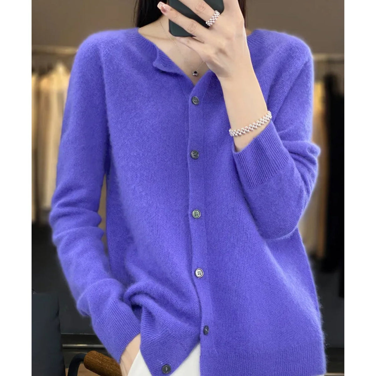 Blue button-up knit cardigan