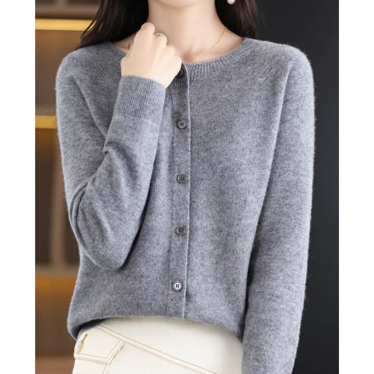 Grey button-up knit cardigan