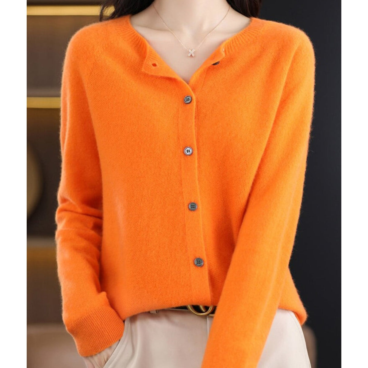 Orange button-up knit cardigan
