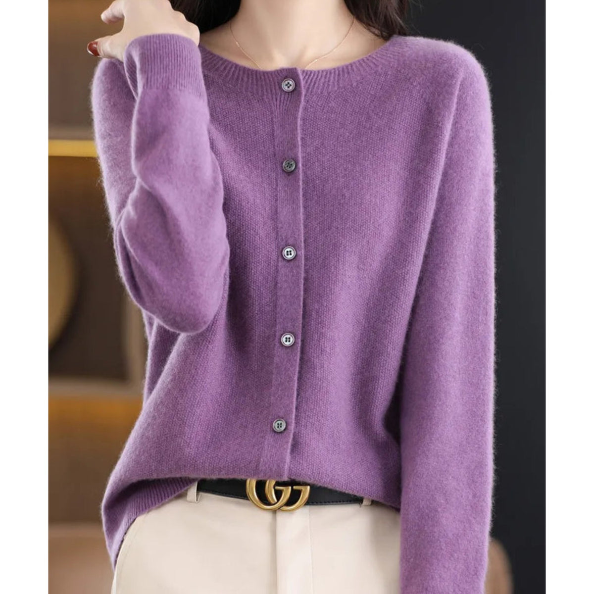 Purple button-up knit cardigan