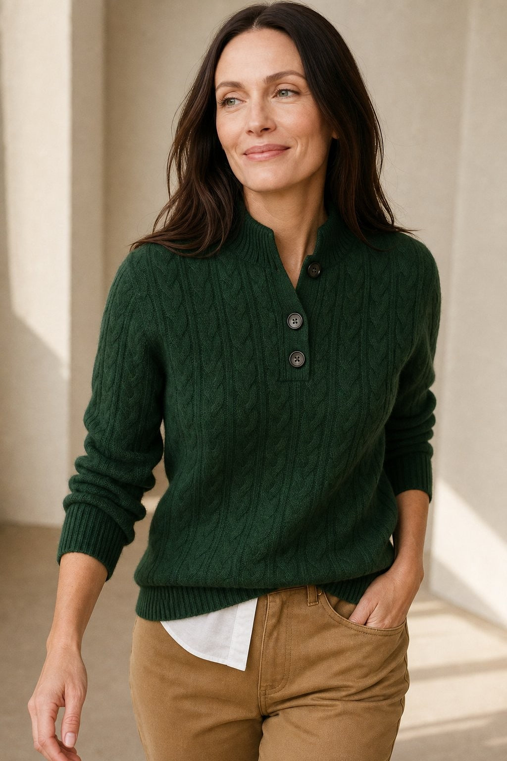 Olive cable knit button neck jumper