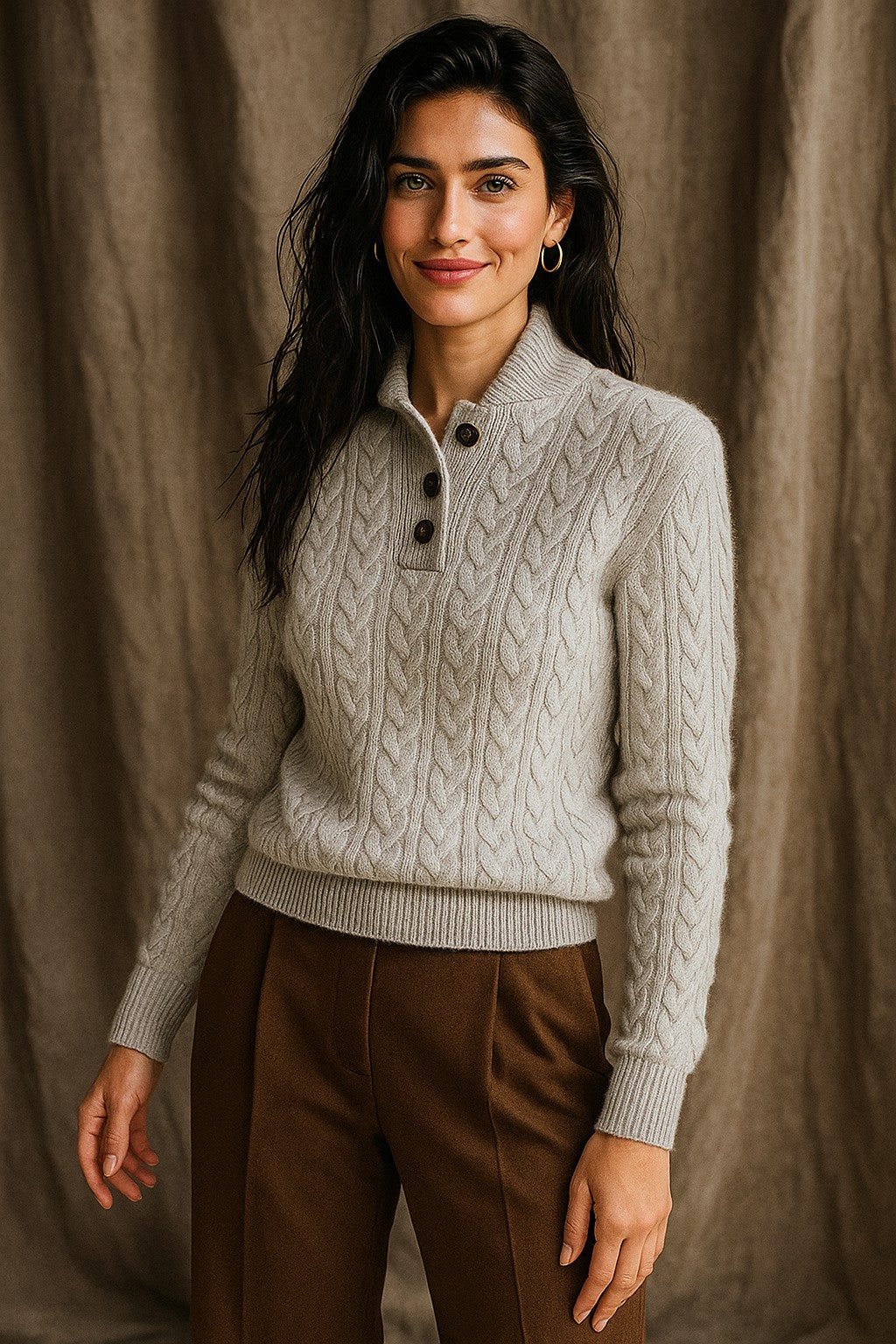 Cable knit button neck jumper