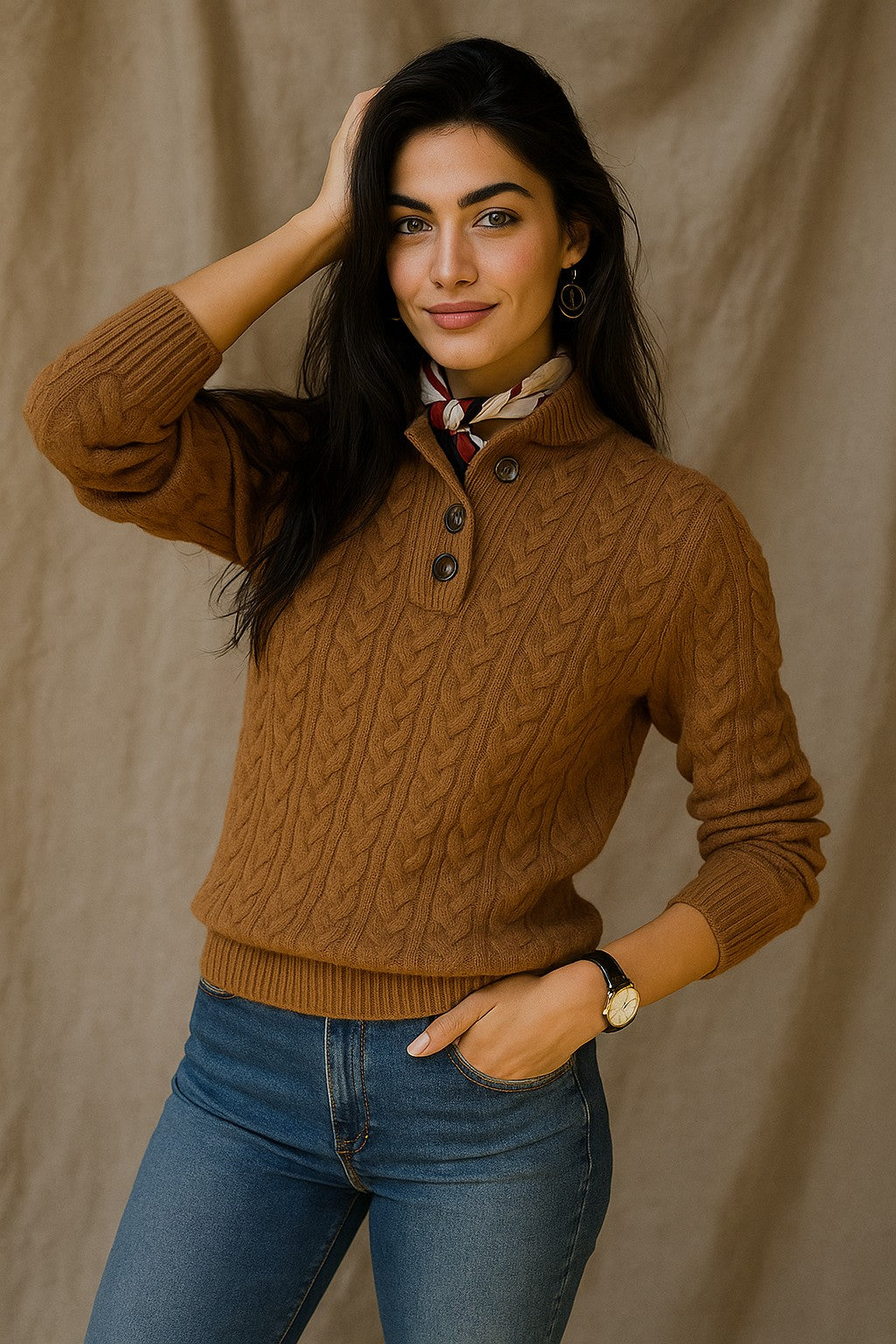Cable knit button neck jumper