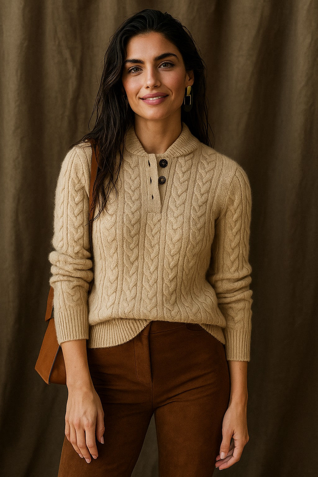 Cable knit button neck jumper