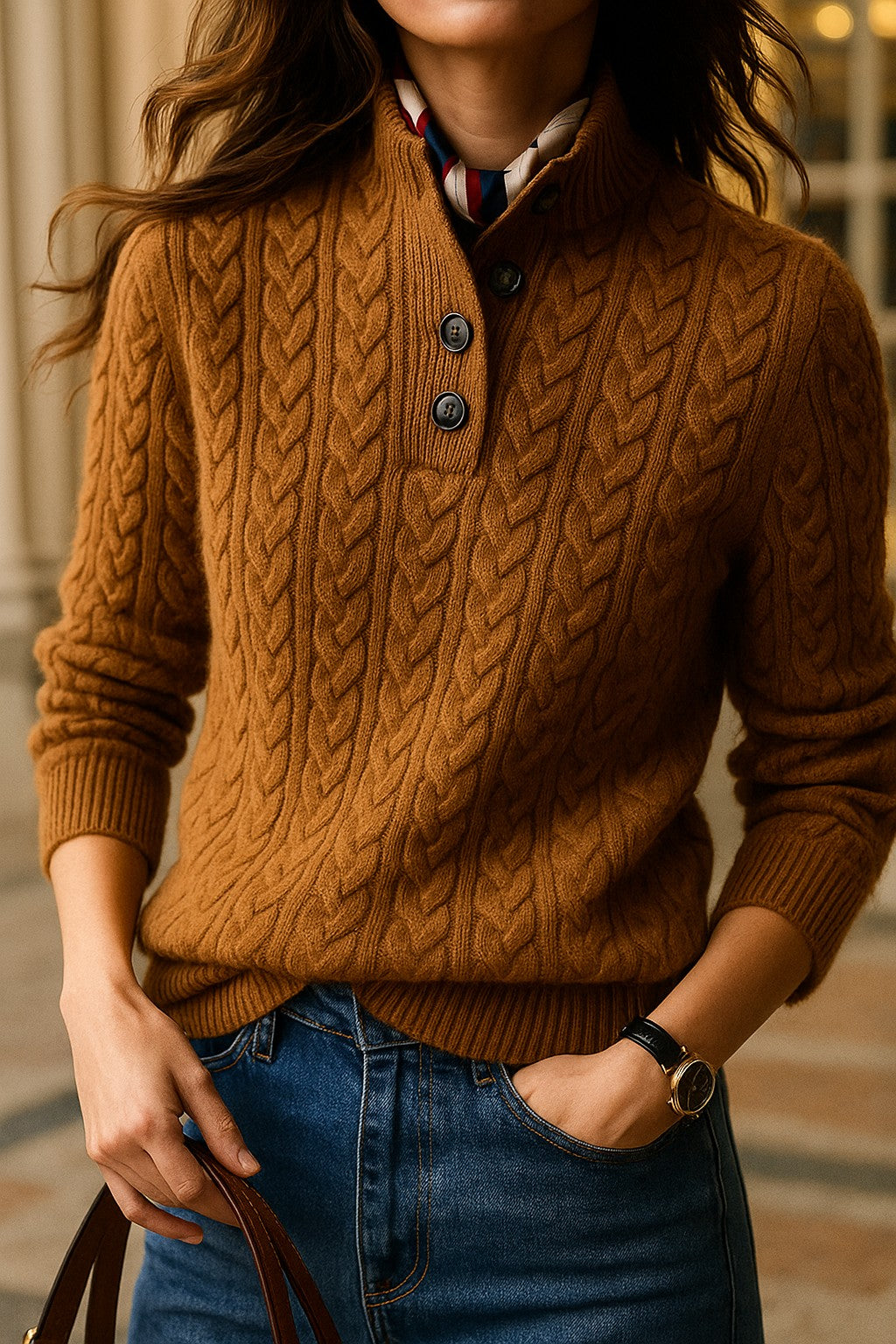 Brown cable knit button-neck jumper