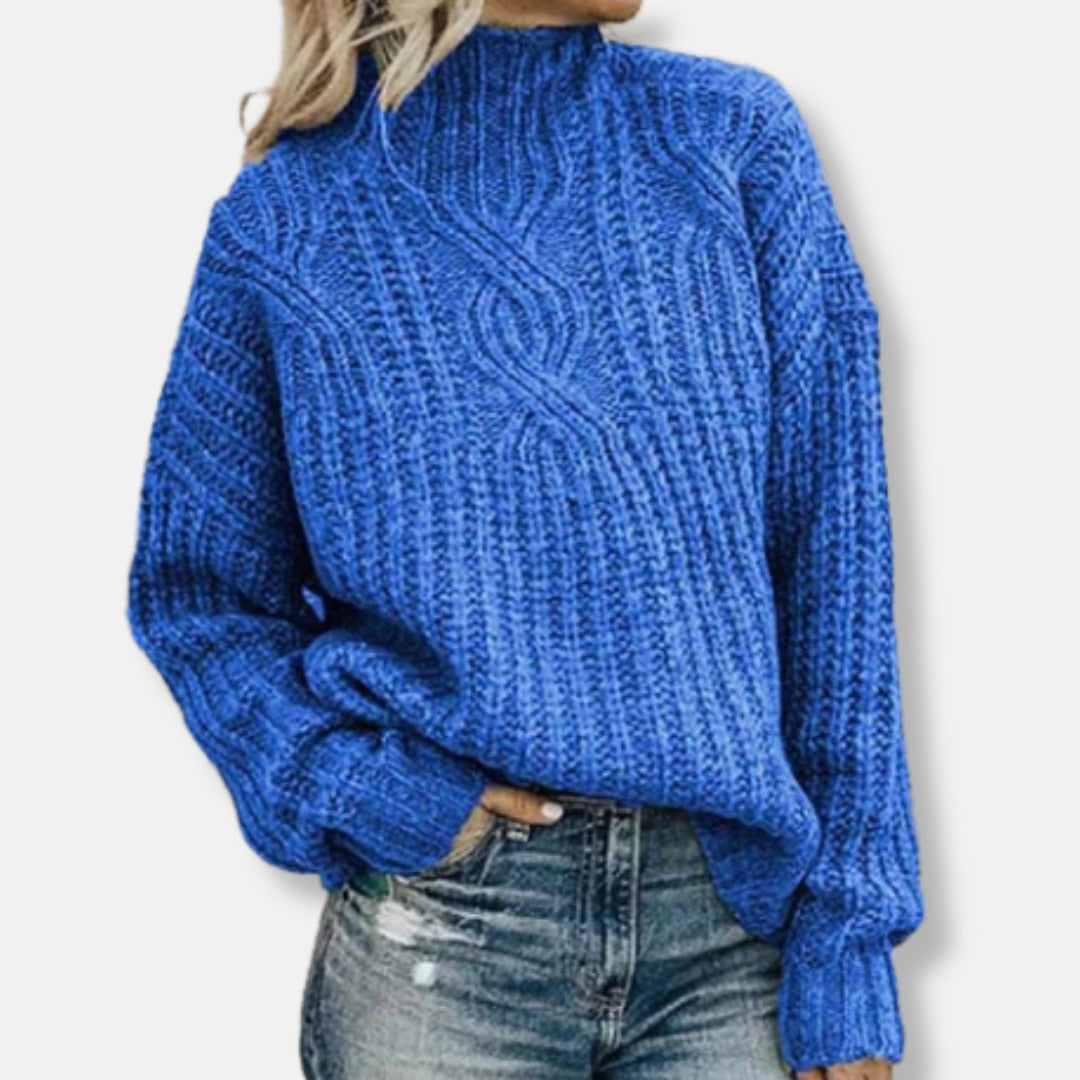 Blue cable knit high neck jumper