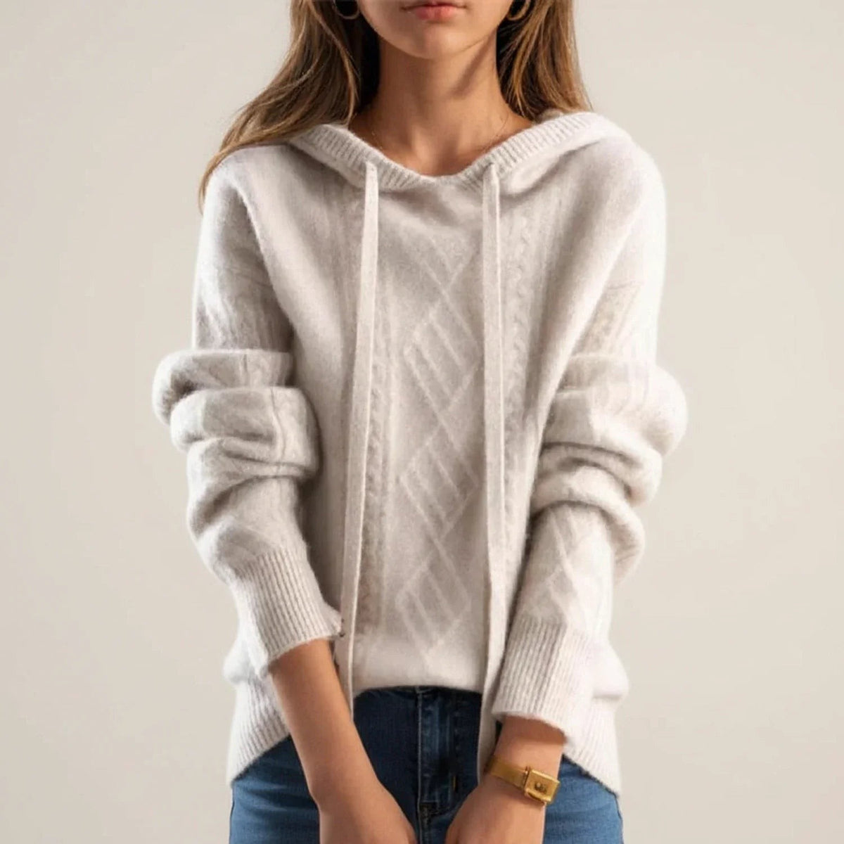 Beige cable knit hooded jumper
