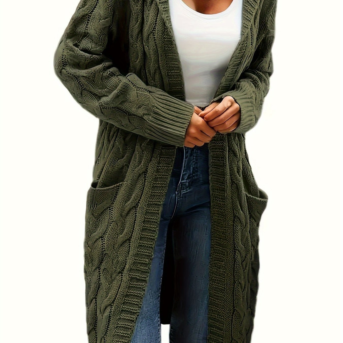 Military Green cable-knit hooded longline cardigan