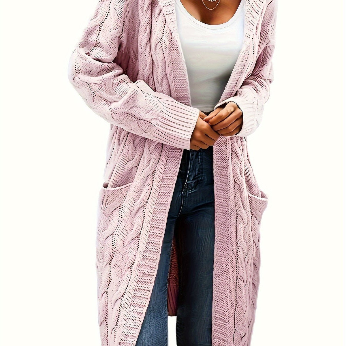 Pink cable-knit hooded longline cardigan