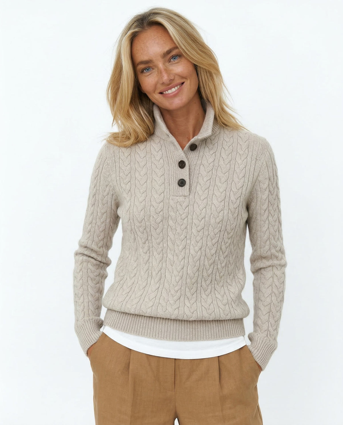 Cable knit merino button-neck jumper