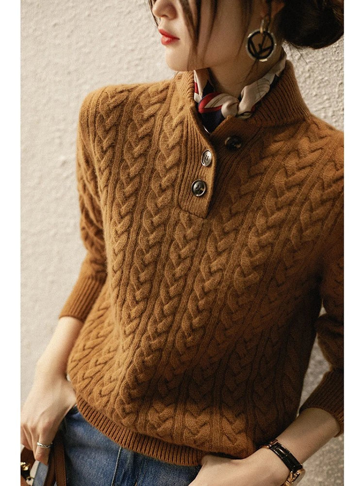 Cable knit merino button-neck jumper