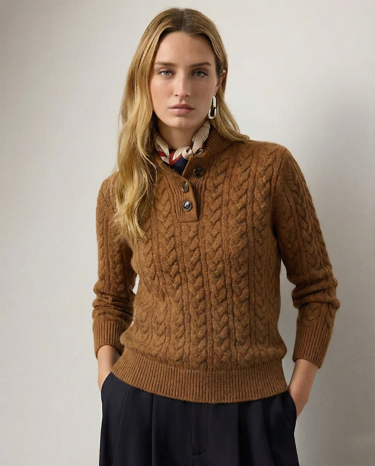 Cable knit merino button-neck jumper