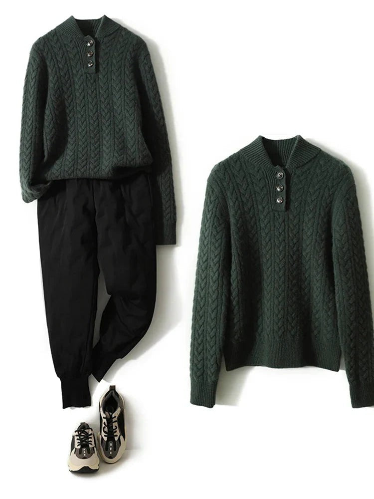 Cable knit merino button-neck jumper