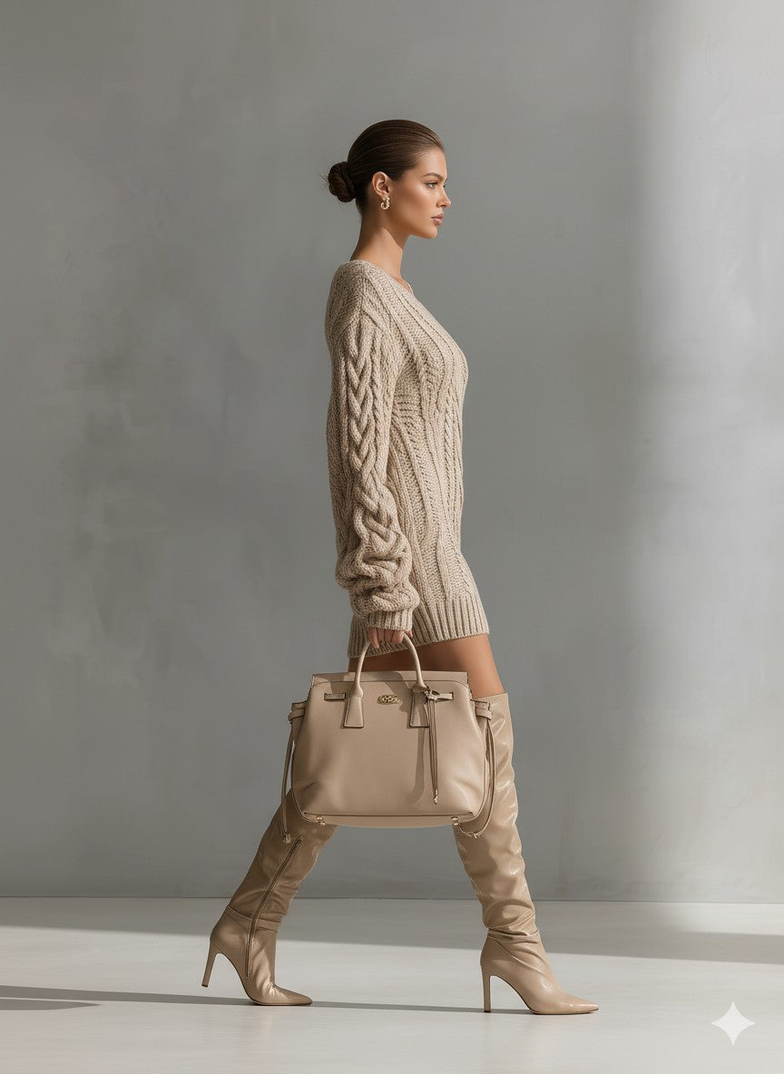 Cable knit off-shoulder mini dress