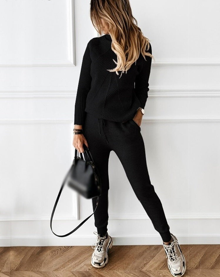 Black cable knit roll neck co-ord