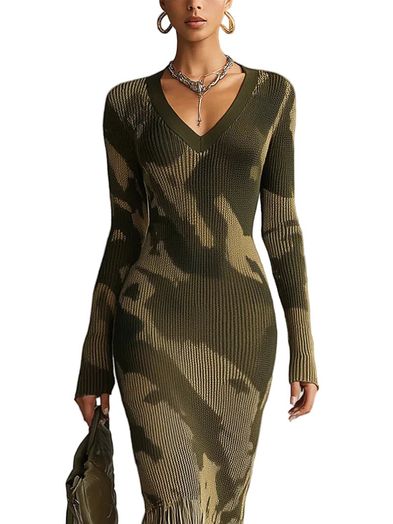 Camo fringe-hem knit midi dress