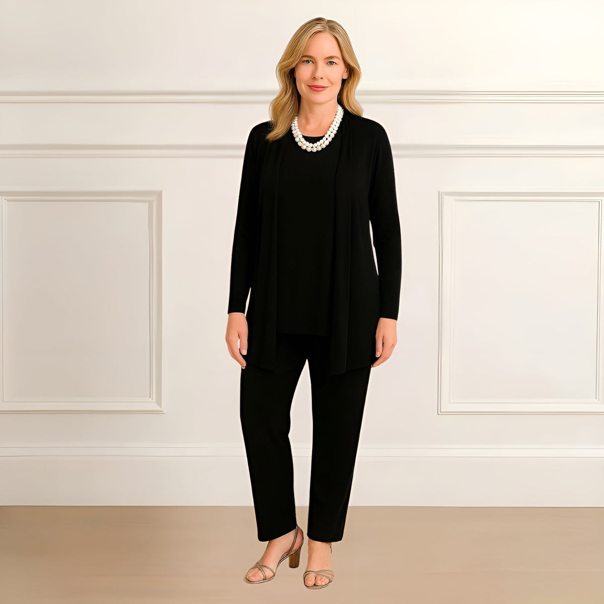 Black cardigan, top and trouser set