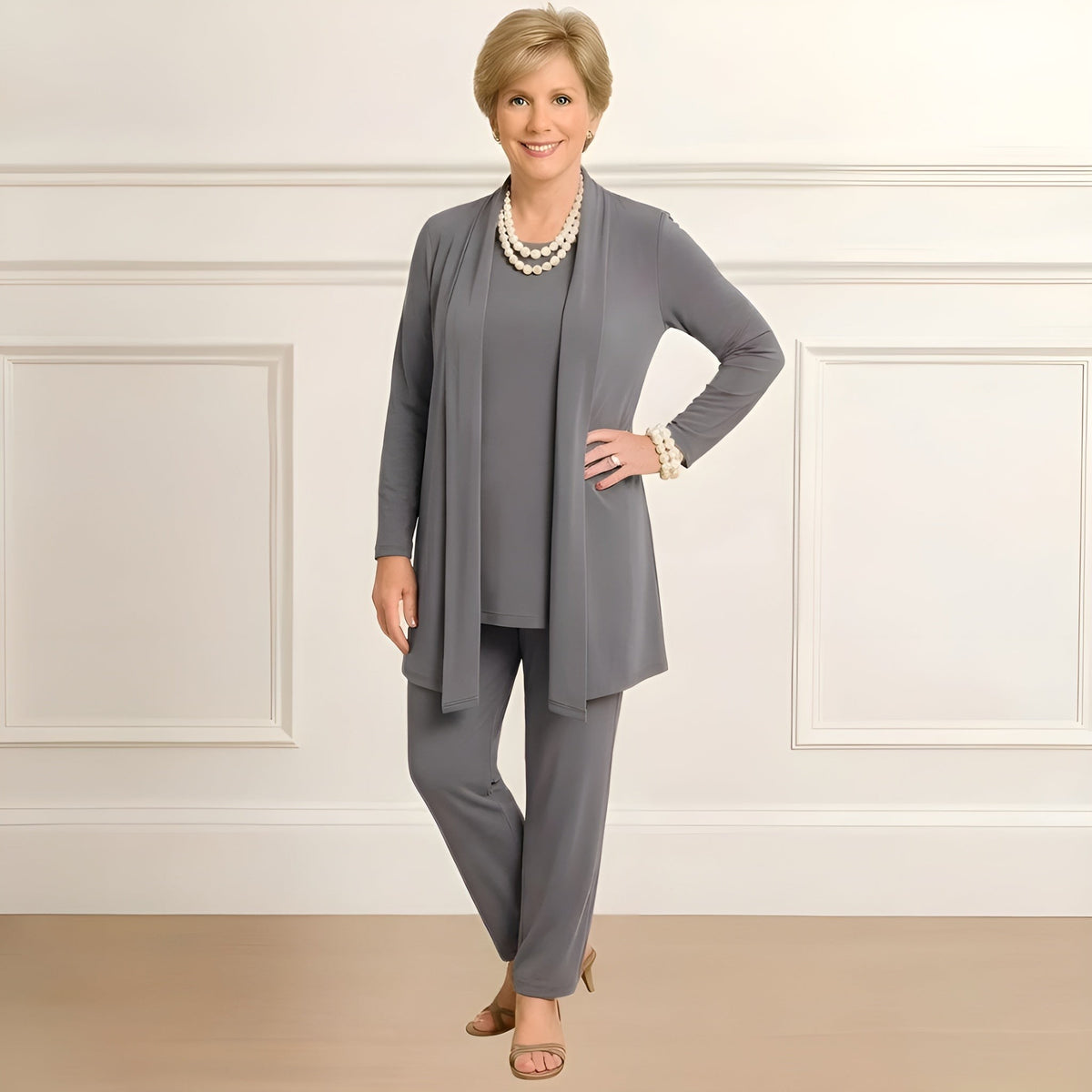 Gray cardigan, top and trouser set
