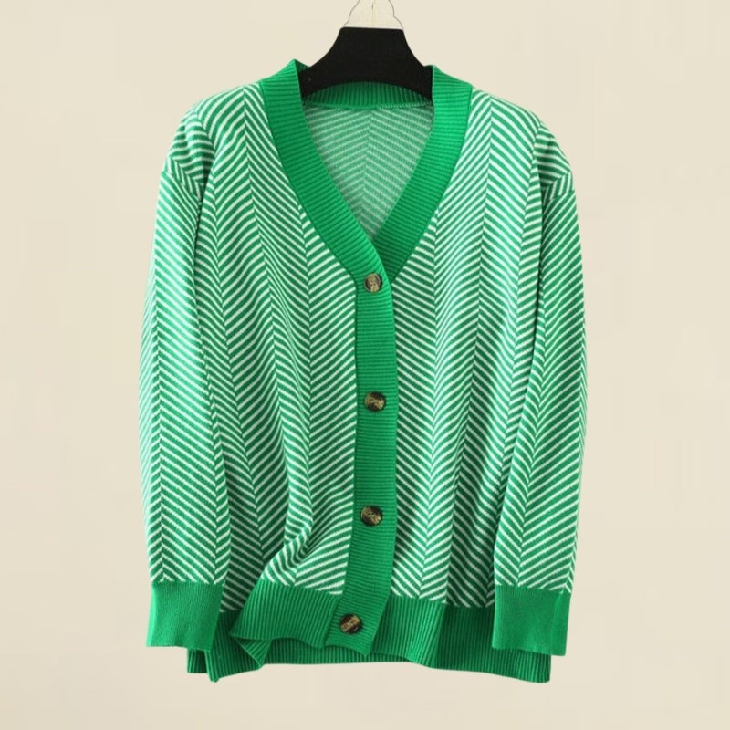 Green chevron stripe v-neck cardigan