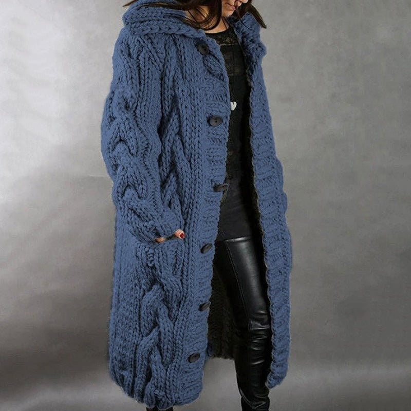 Blue chunky cable-knit longline cardigan coat