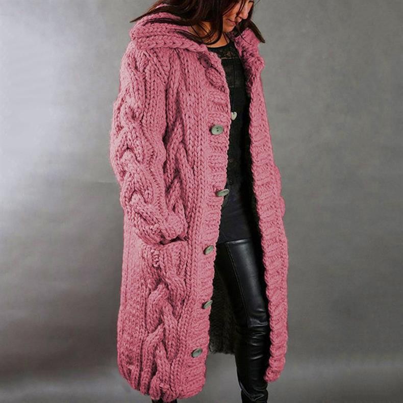 Pink chunky cable-knit longline cardigan coat