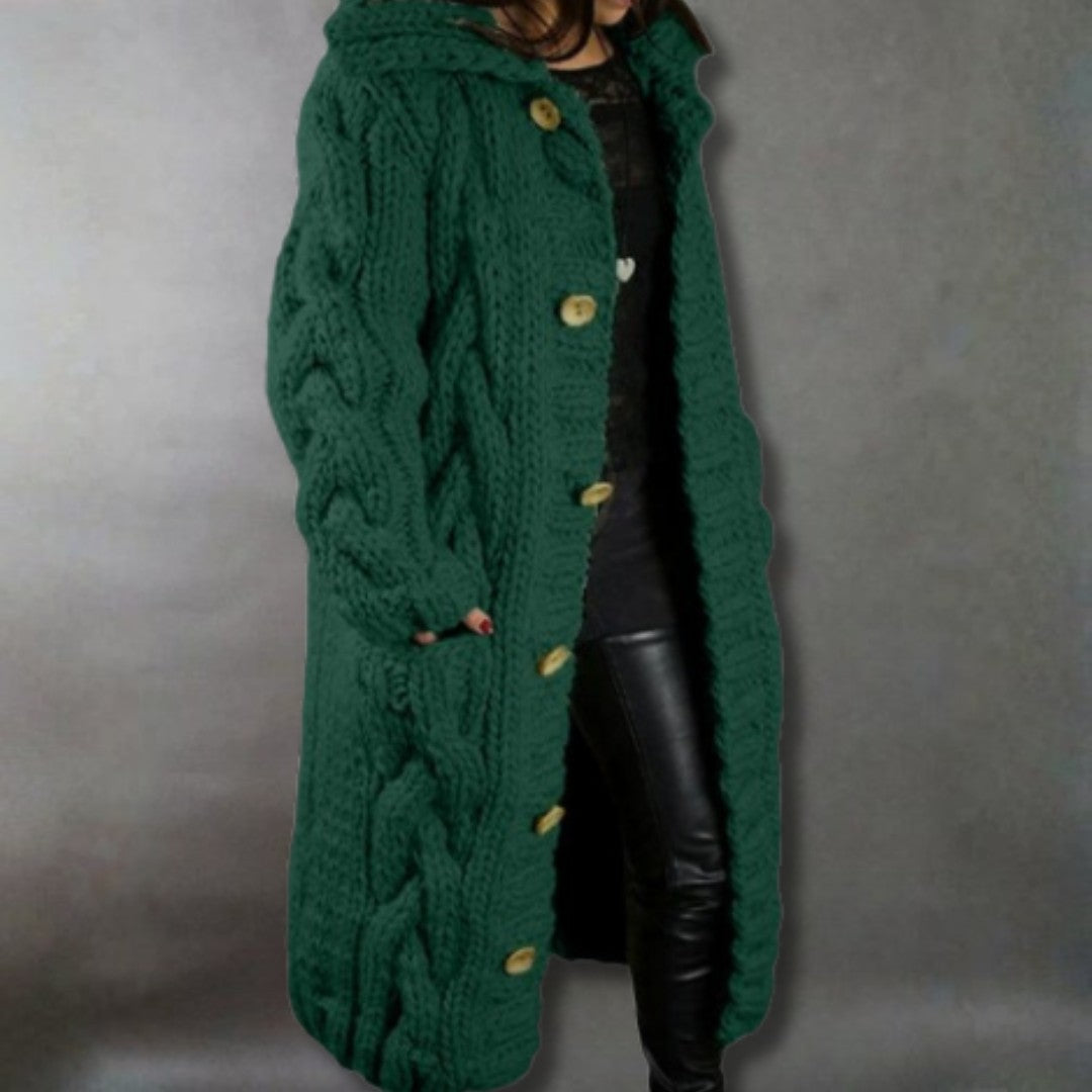 Green chunky cable-knit longline cardigan coat