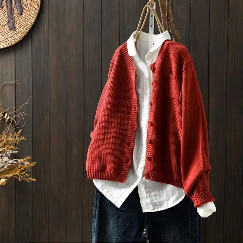 Red chunky knit cardigan with patch pocket
