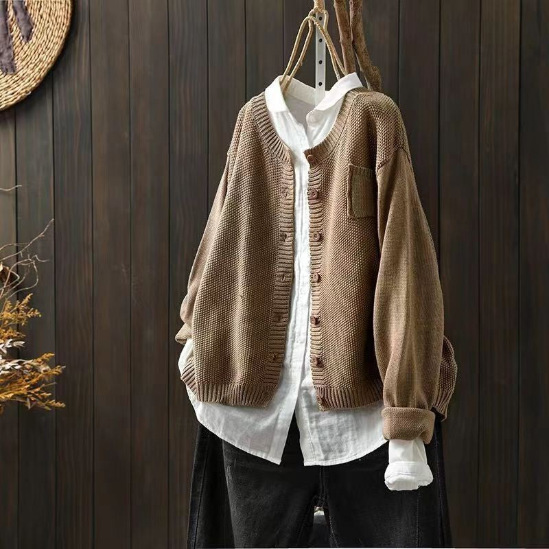 Khaki chunky knit cardigan with patch pocket