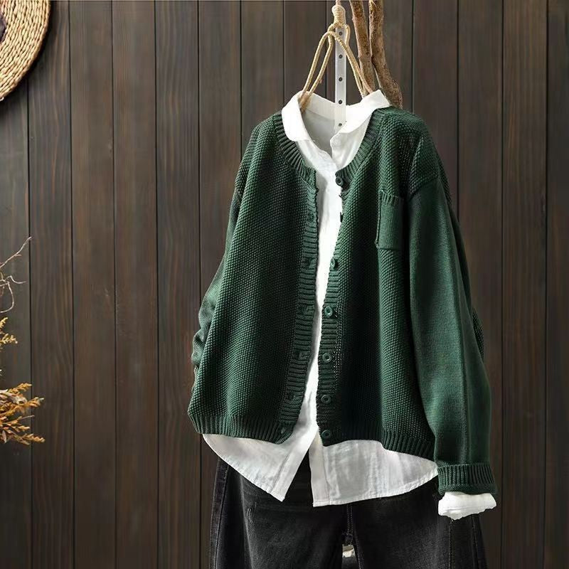 Green chunky knit cardigan with patch pocket