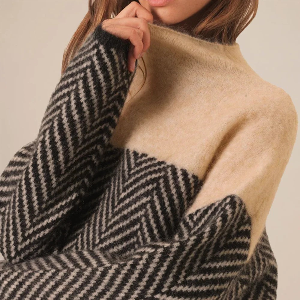Colourblock herringbone roll neck jumper