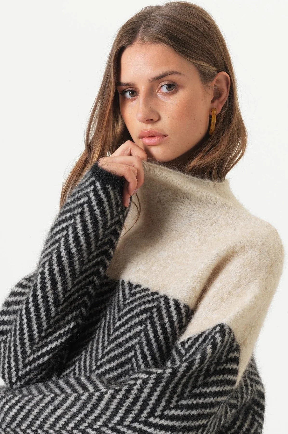 Colourblock herringbone roll neck jumper