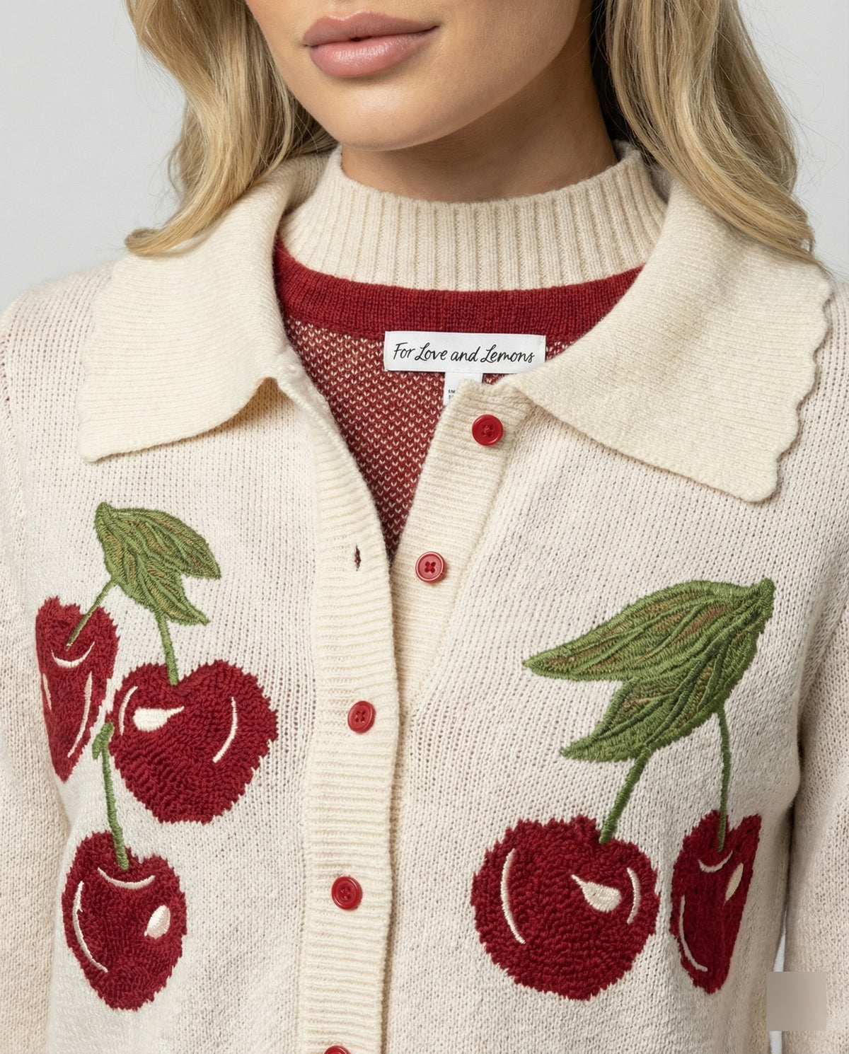 Cropped cherry knit cardigan