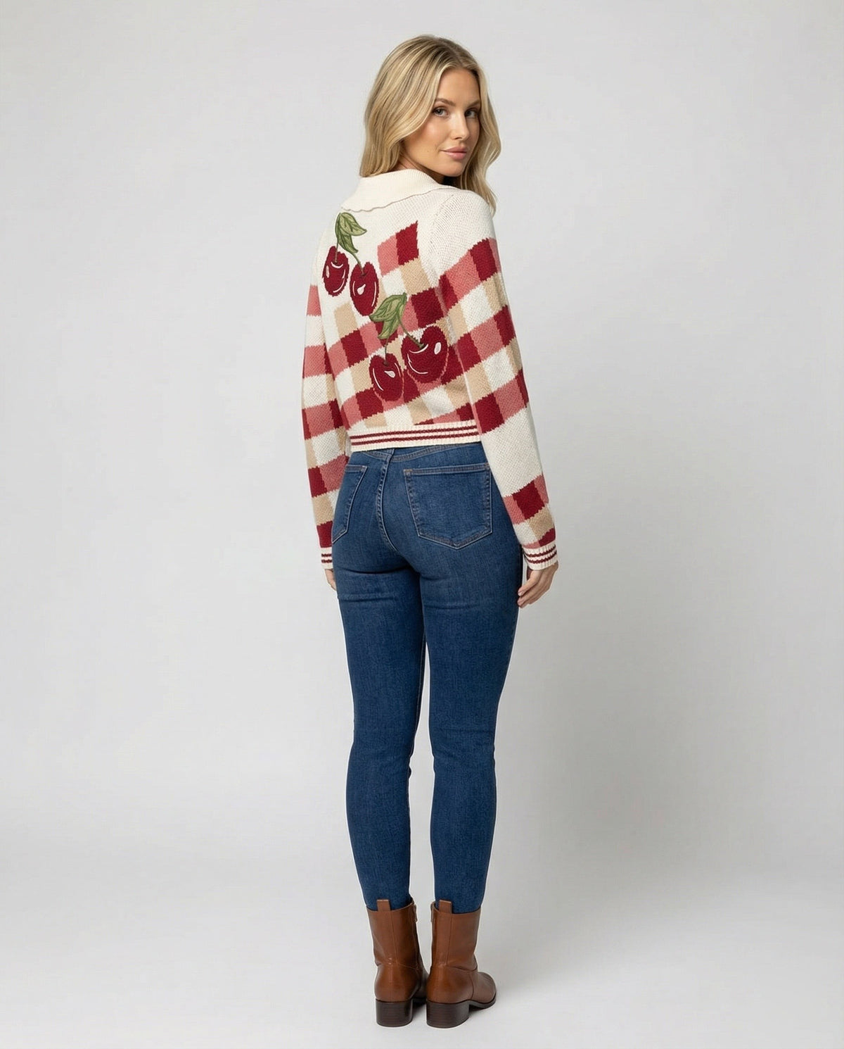 Cropped cherry knit cardigan