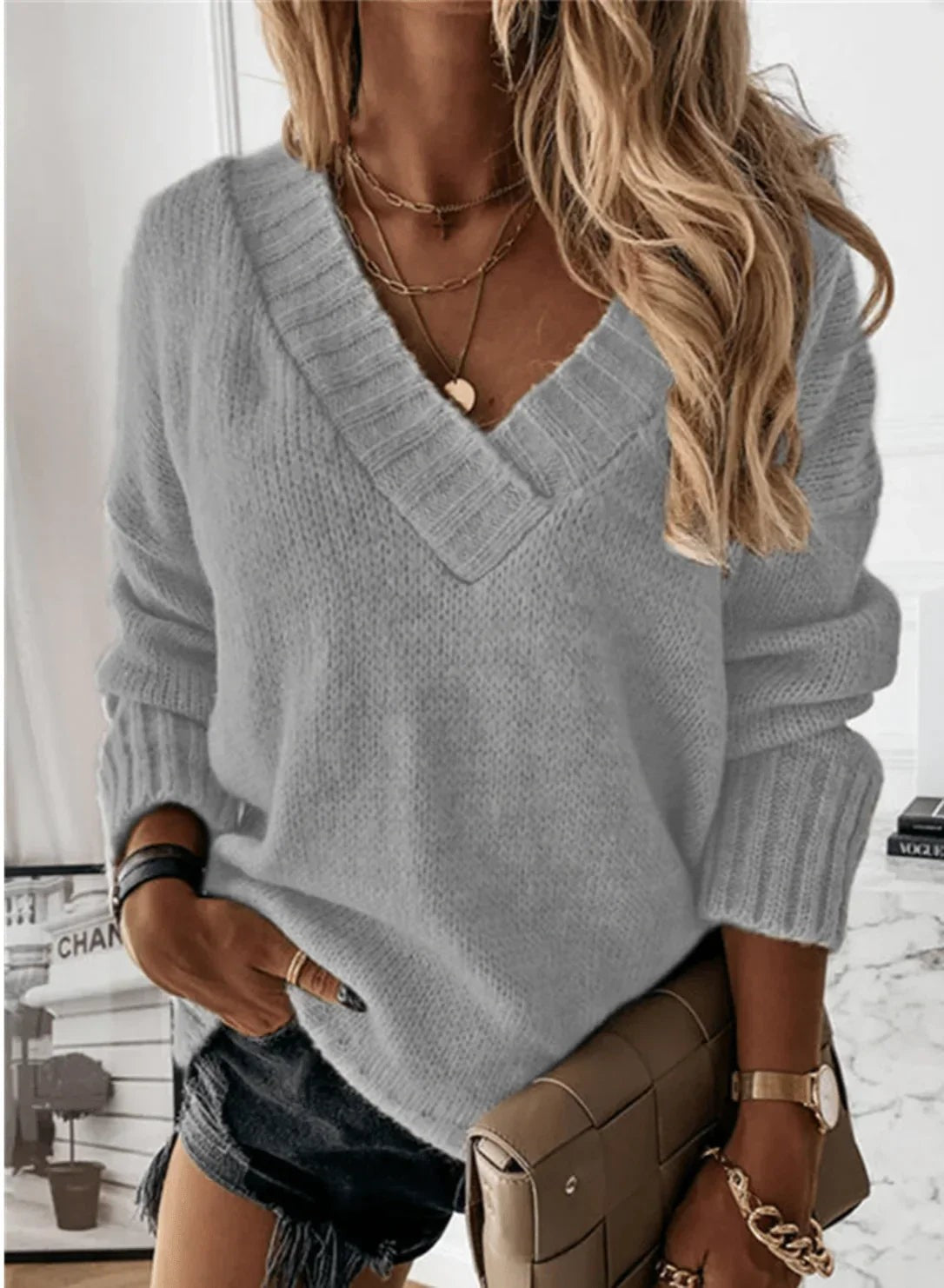 Grey deep v-neck chunky knit jumper