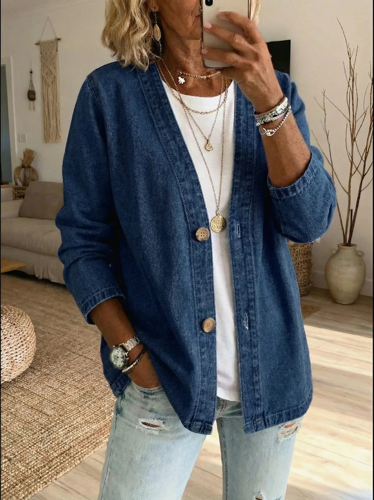 Dark Blue denim button-down cardigan