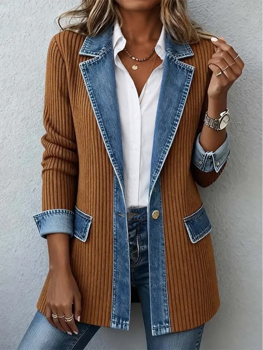 Brown denim trim knit blazer
