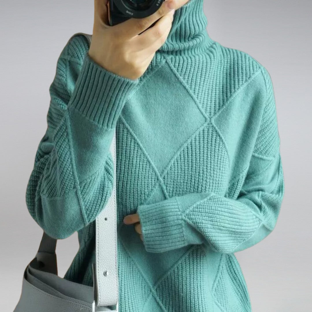 Blue diamond knit roll neck jumper