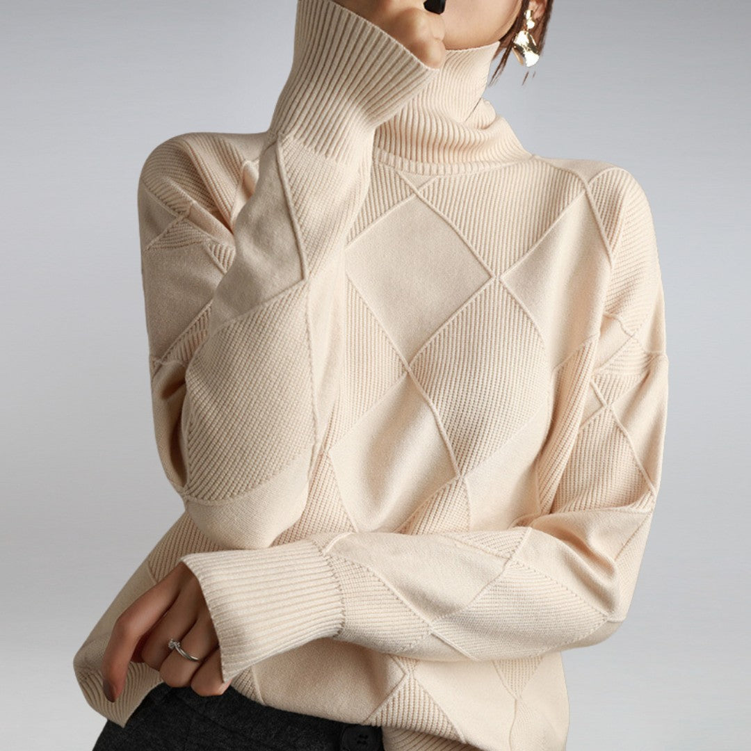 Beige diamond knit roll neck jumper