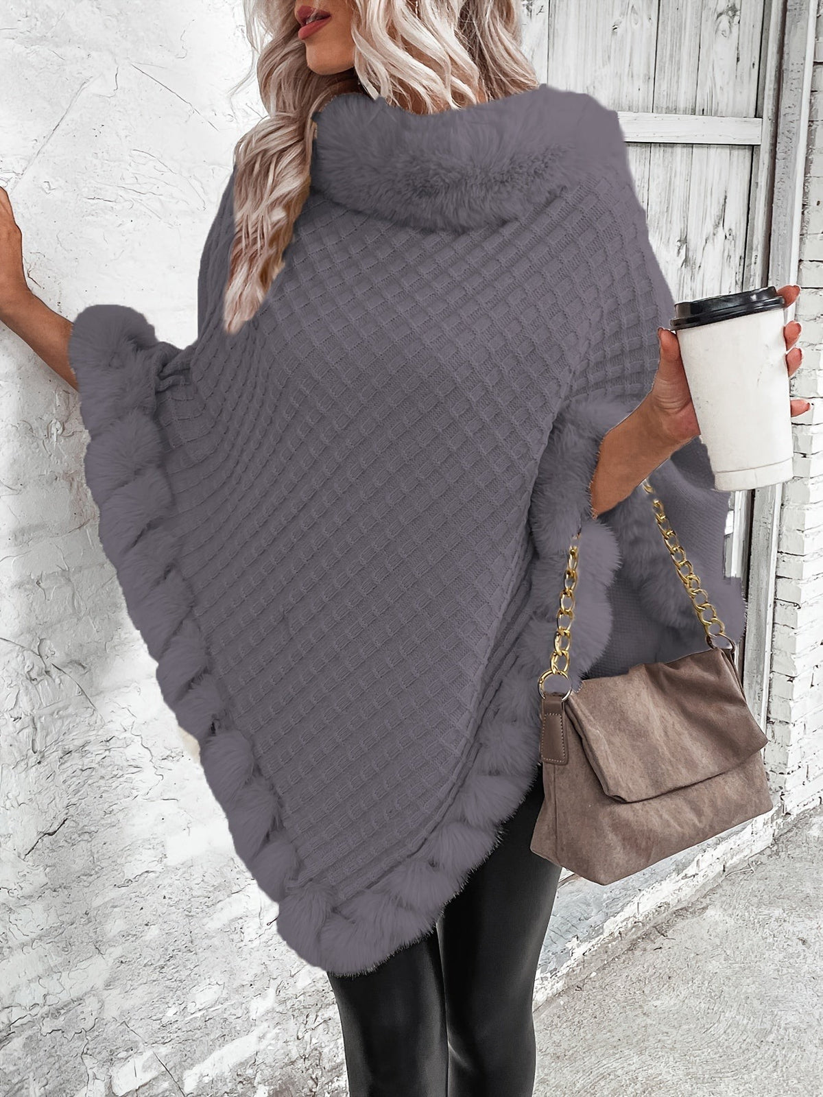 Faux-fur trim knit poncho