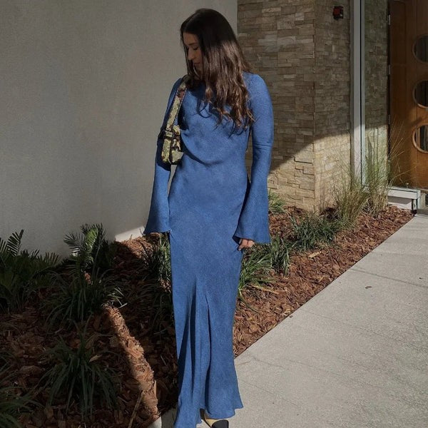 Flared cuff linen blend maxi dress