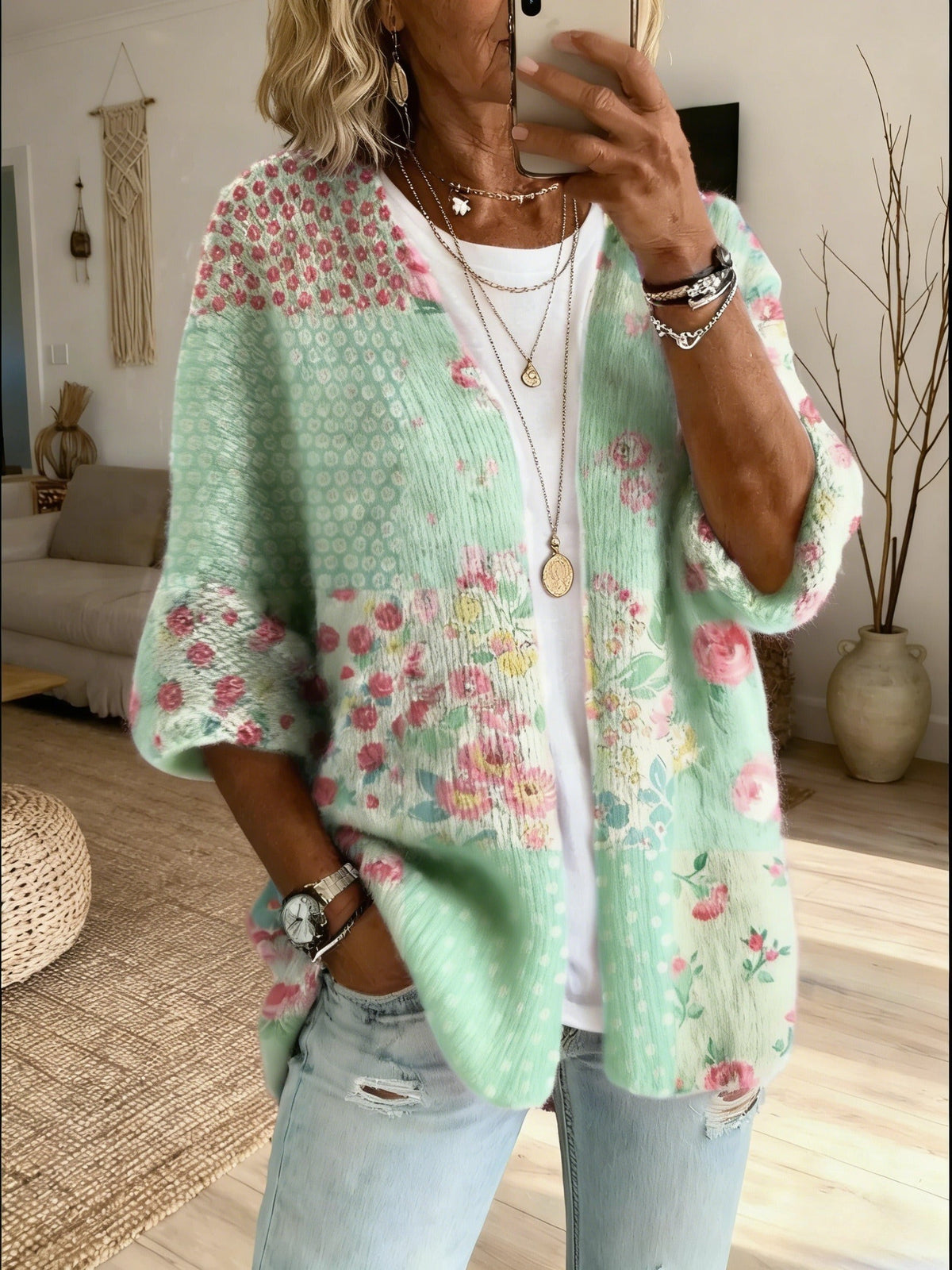 Green floral patchwork boho cardigan