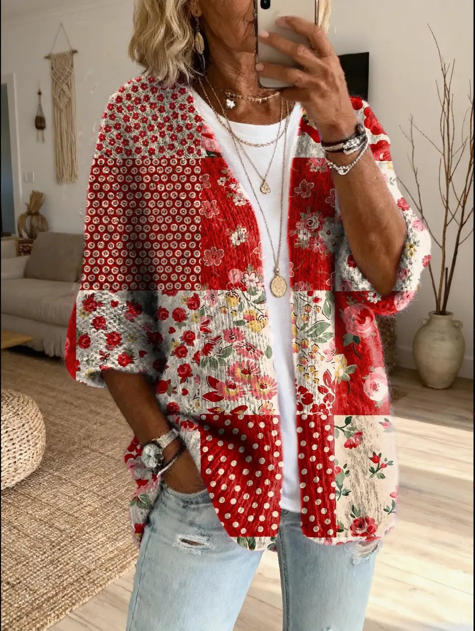 Red floral patchwork boho cardigan