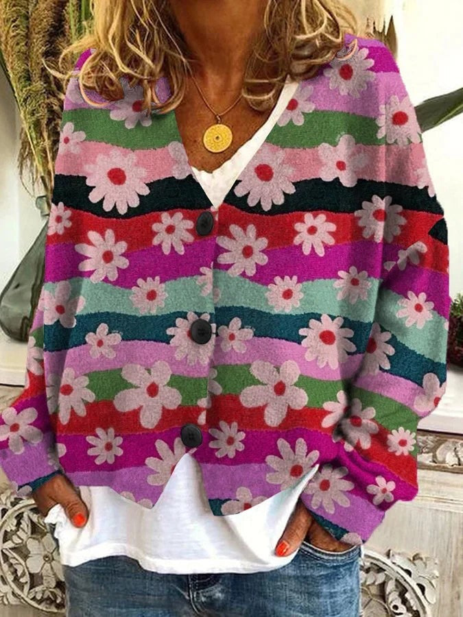 Pink Violet floral stripe knit cardigan