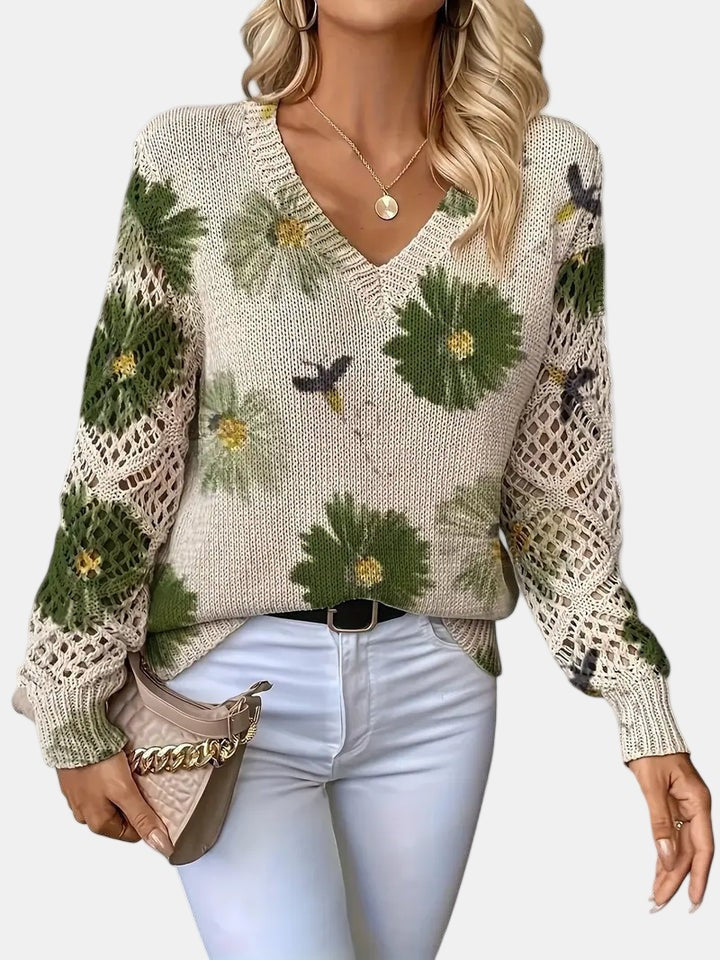 Green floral v-neck jumper