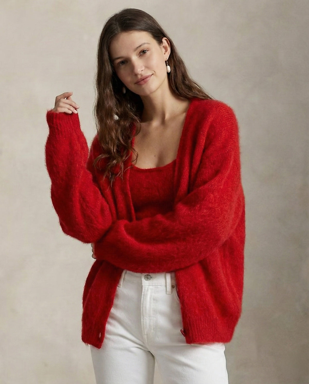 Red Fur fluffy v-neck button cardigan