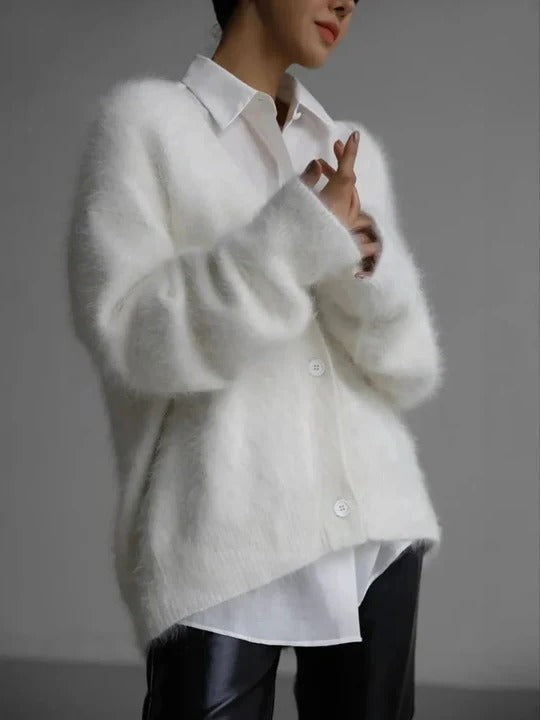 White fuzzy cropped button cardigan