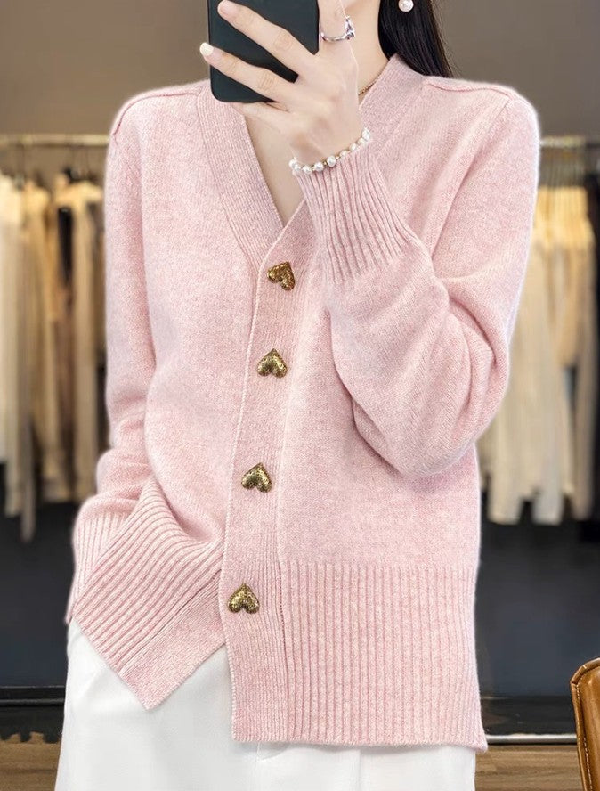 Pink heart button v-neck cardigan