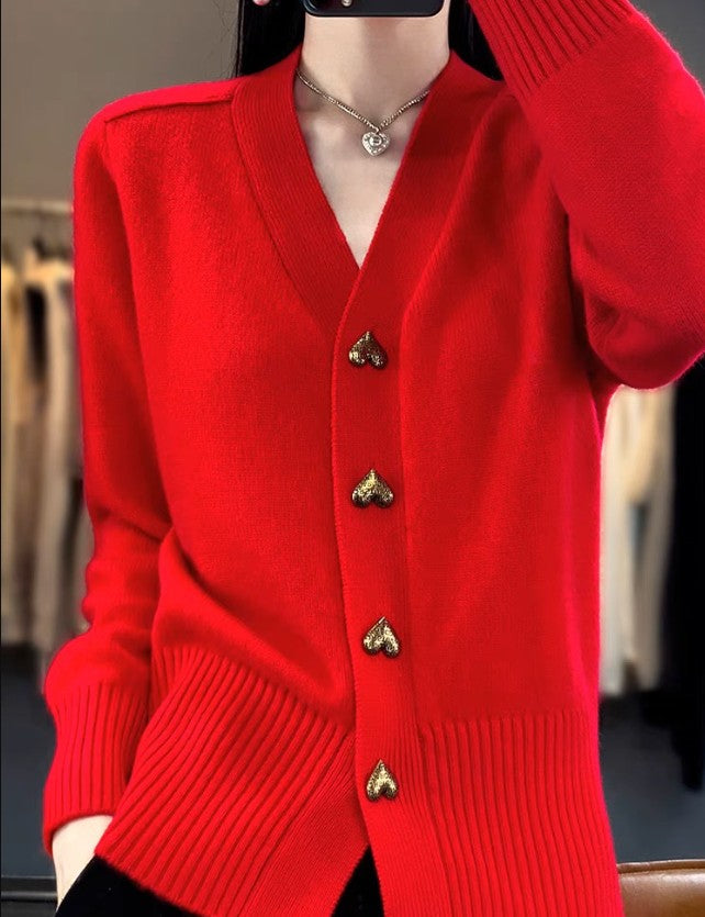 Red heart button v-neck cardigan